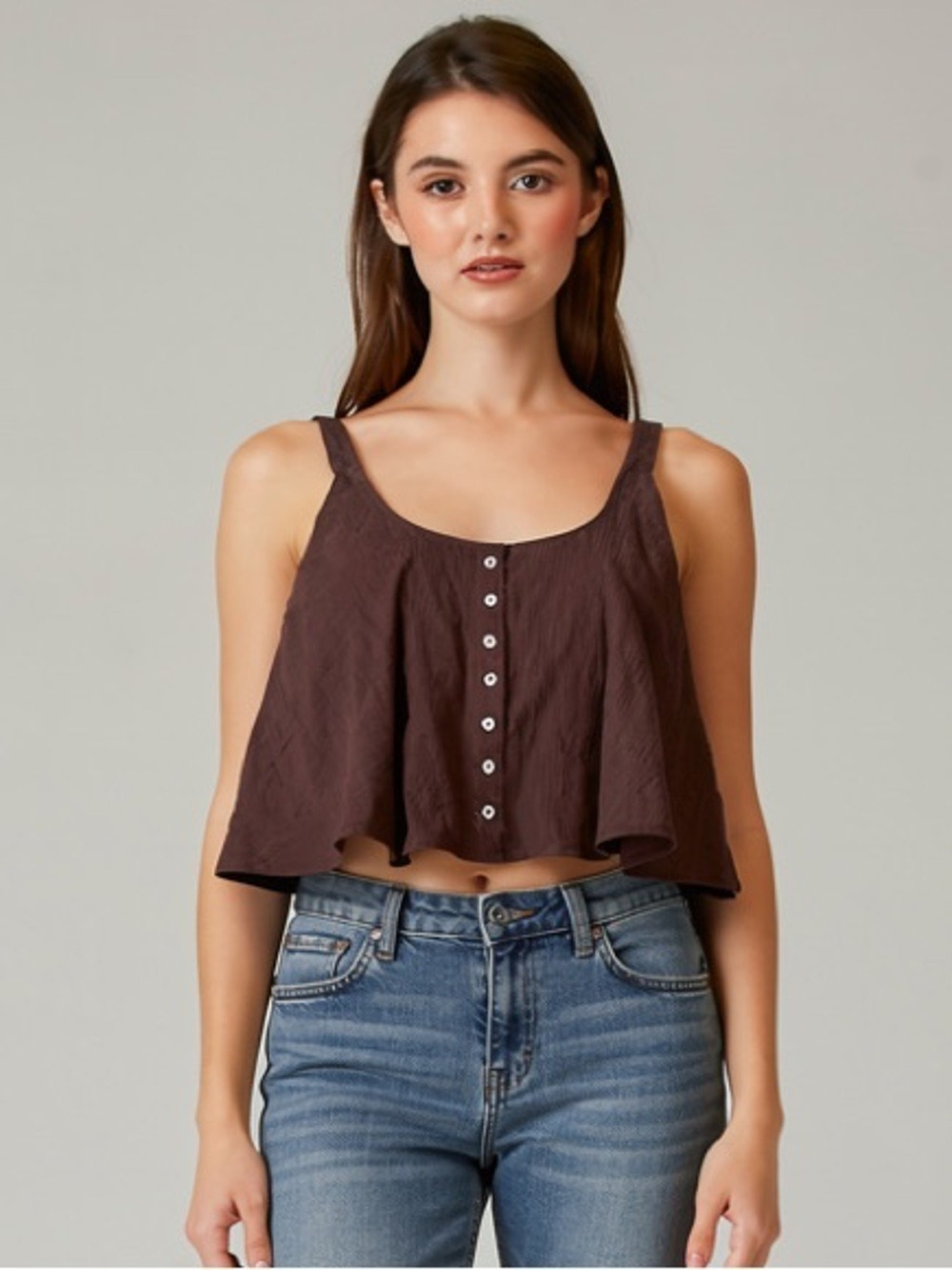 ZARA XXL Brown Textured Cotton Crop Tank Top Button Front Flowy Boho Cottagecore